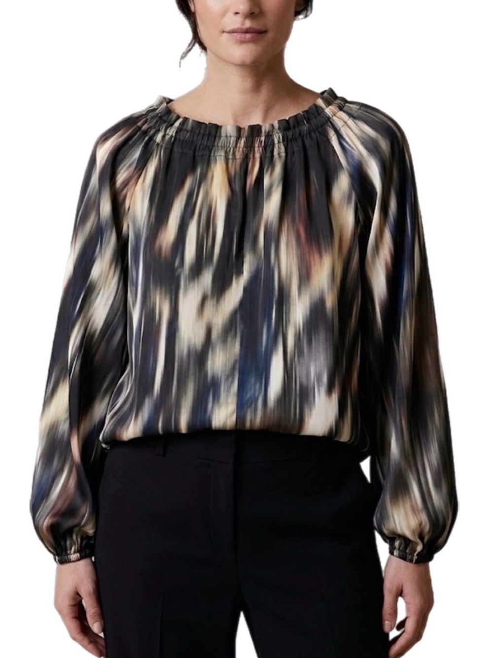 NWOT S H&M Multi-Color Women’s Smocked Neck Long Sleeve Blouse Business Casual